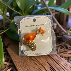 Orange Fox Enamel Rhinestone Brooch
